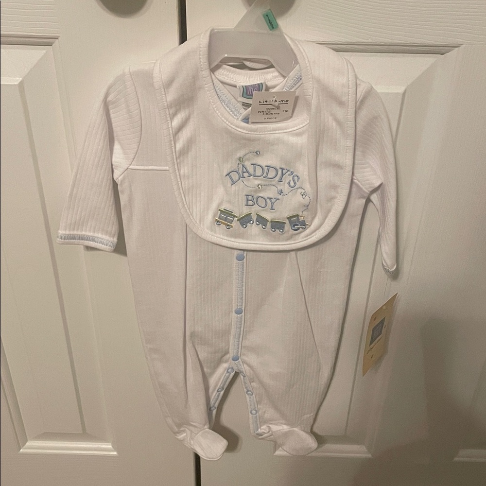 Little Me Boy's White One Piece Outfit with Bib 3 Months (New With Tags)